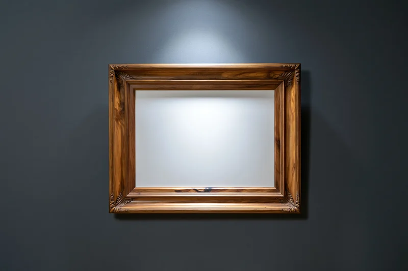 Ornate wooden picture frame with empty white interior hanging on dark wall
