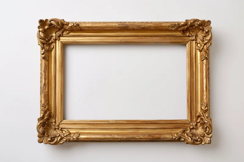 Ornate gilded wooden frame with floral carvings hanging on white wall