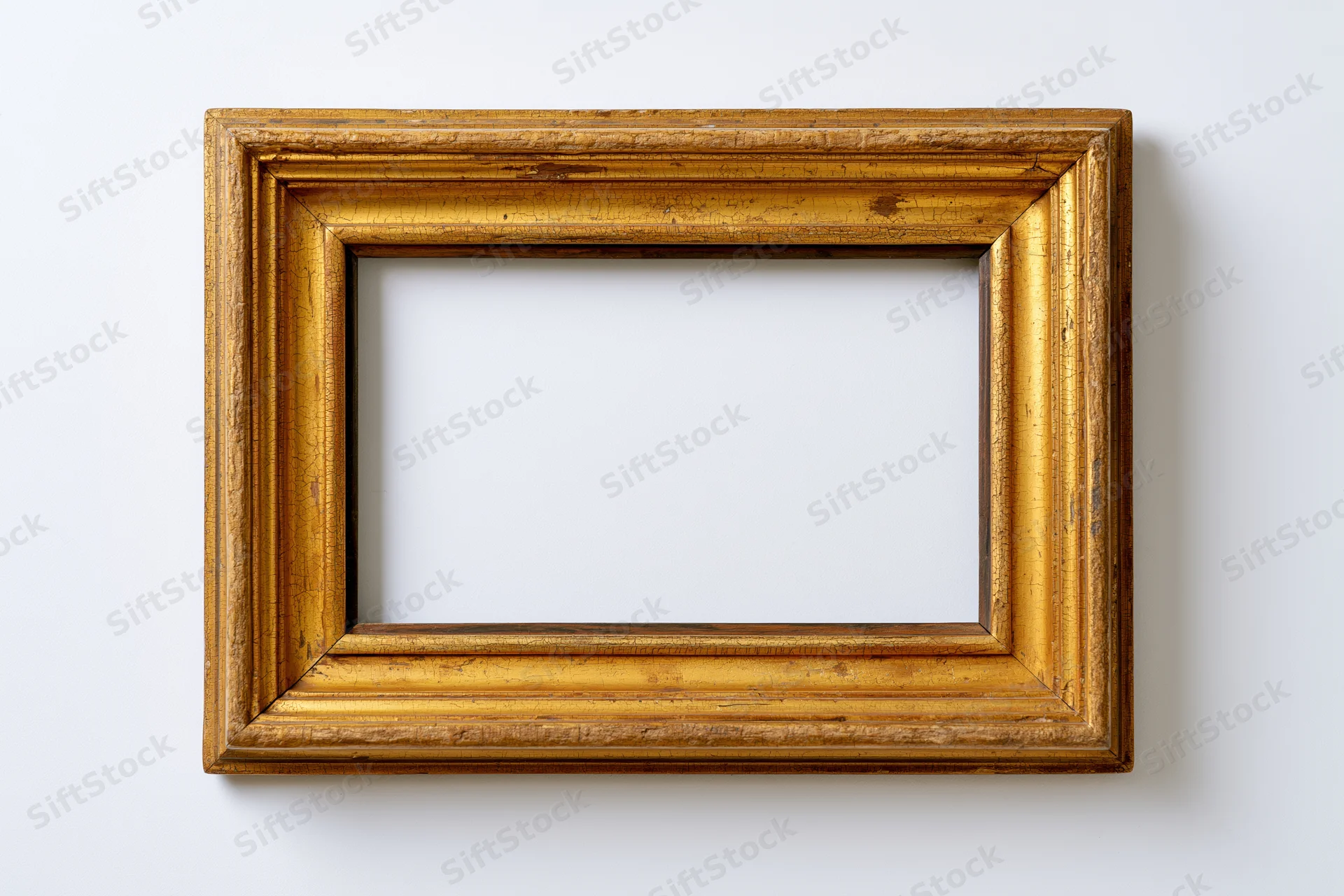 Antique gold picture frame with empty white interior hanging on a plain wall