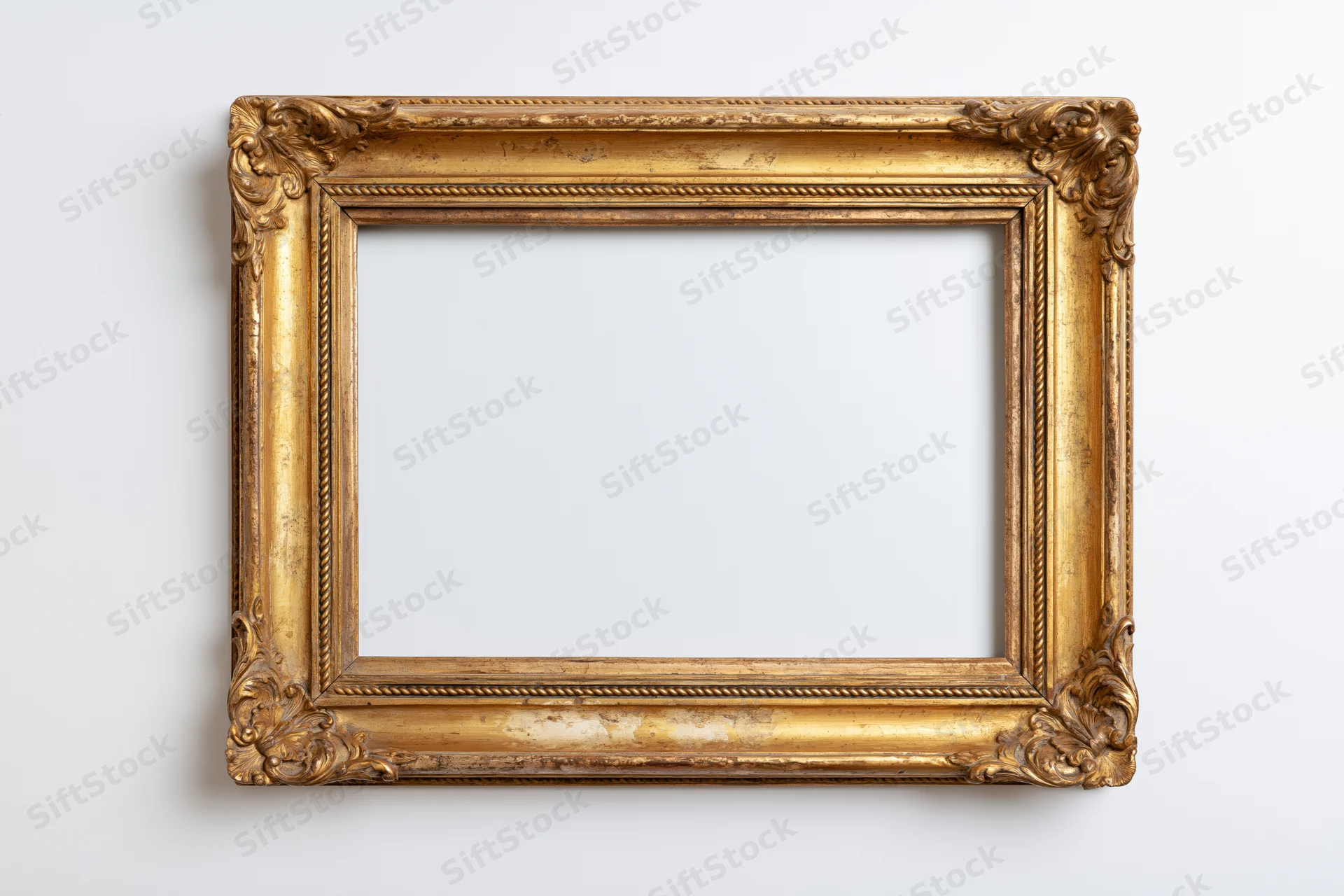 Ornate antique gold picture frame with carved corners hanging on white wall