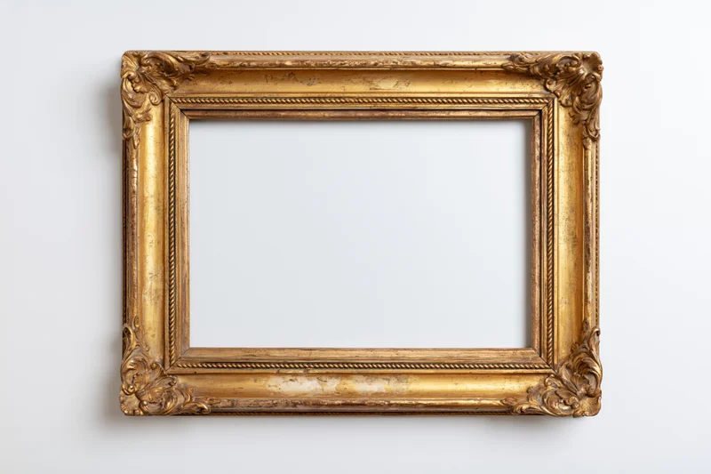 Ornate antique gold picture frame with carved corners hanging on white wall