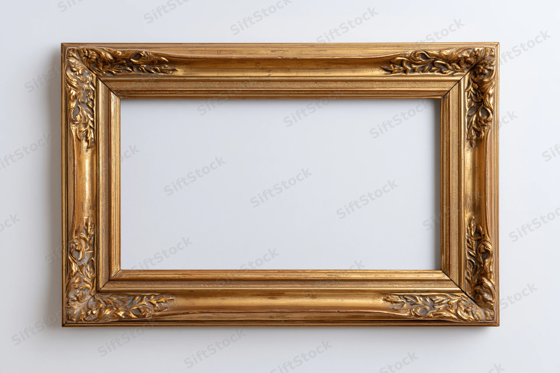 Ornate antique gold frame with embossed leaf detailing hanging on a white wall