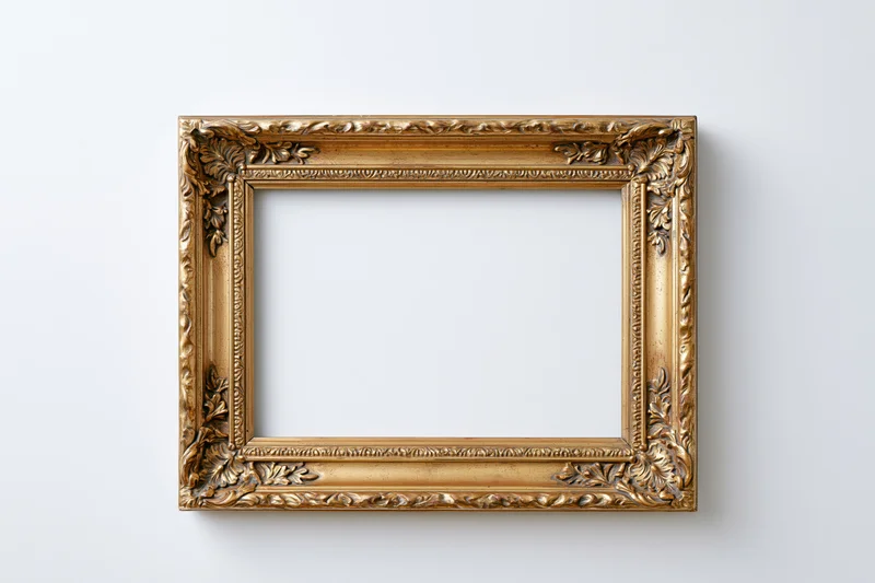 Ornate antique gold picture frame with embossed border hanging on white wall