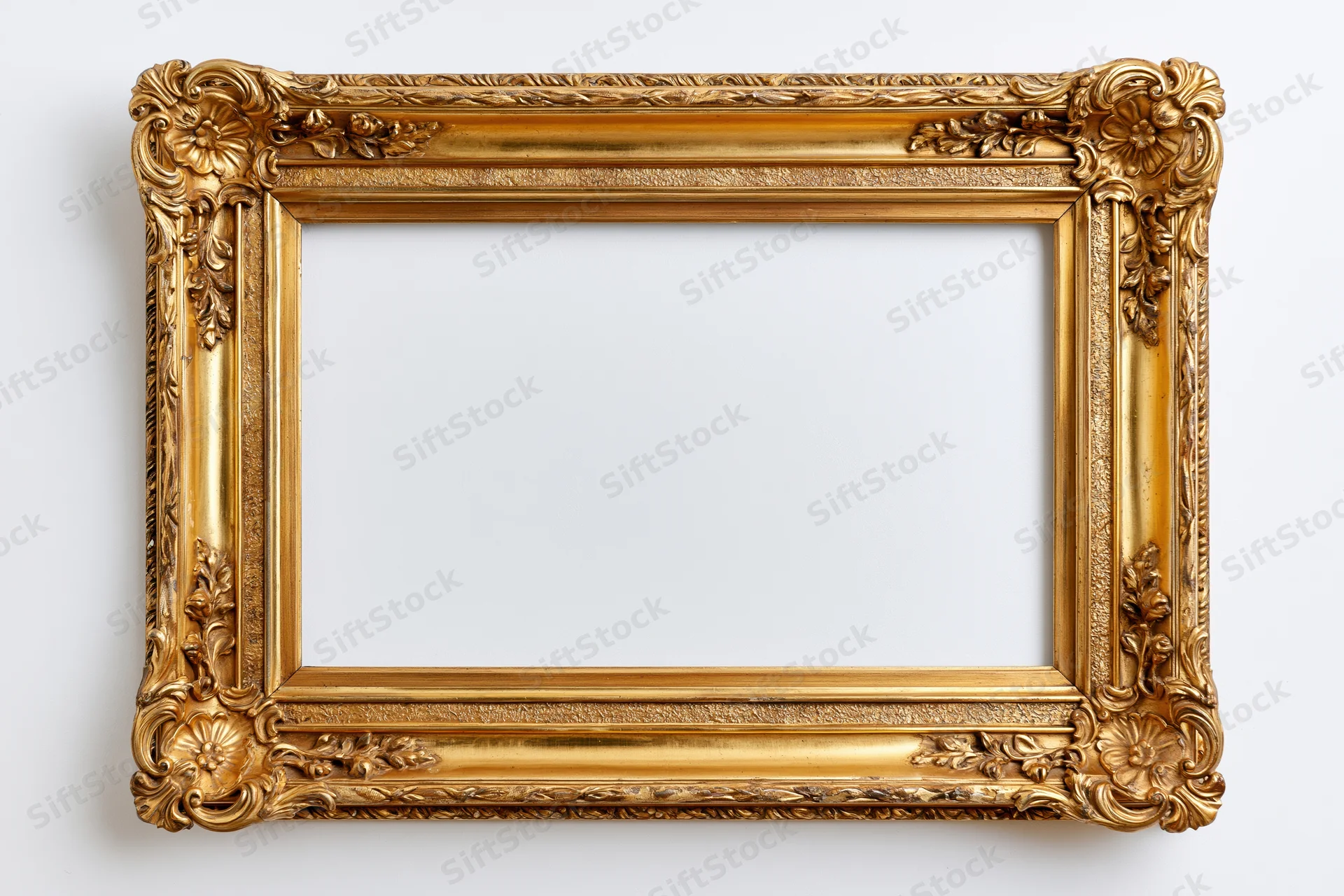Ornate antique gold picture frame with floral carvings hanging on a white wall
