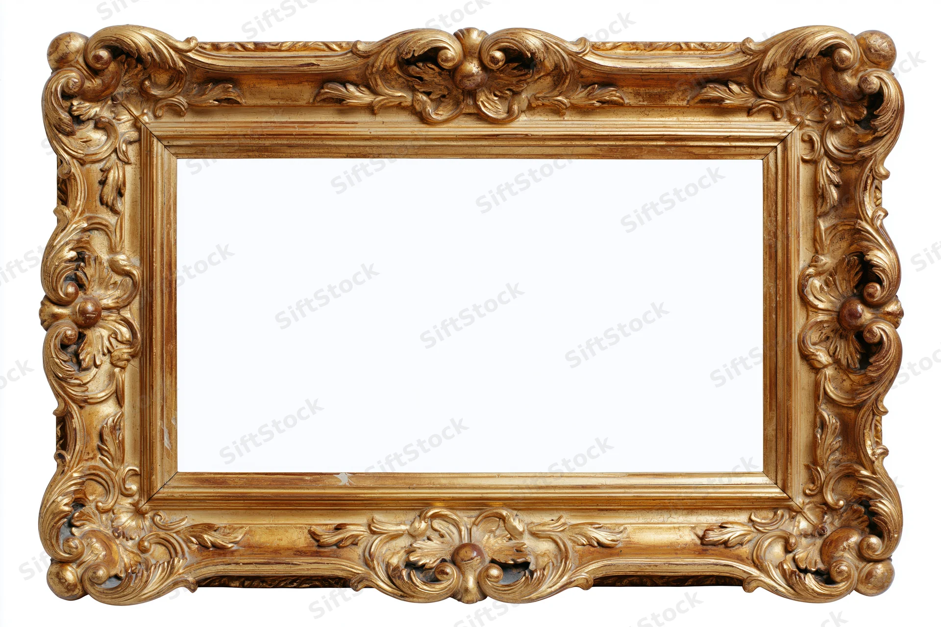 Ornate gold antique frame with carved floral details and empty white center isolated on white