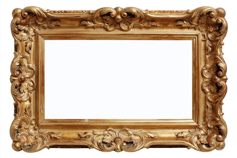 Ornate gold antique frame with carved floral details and empty white center isolated on white