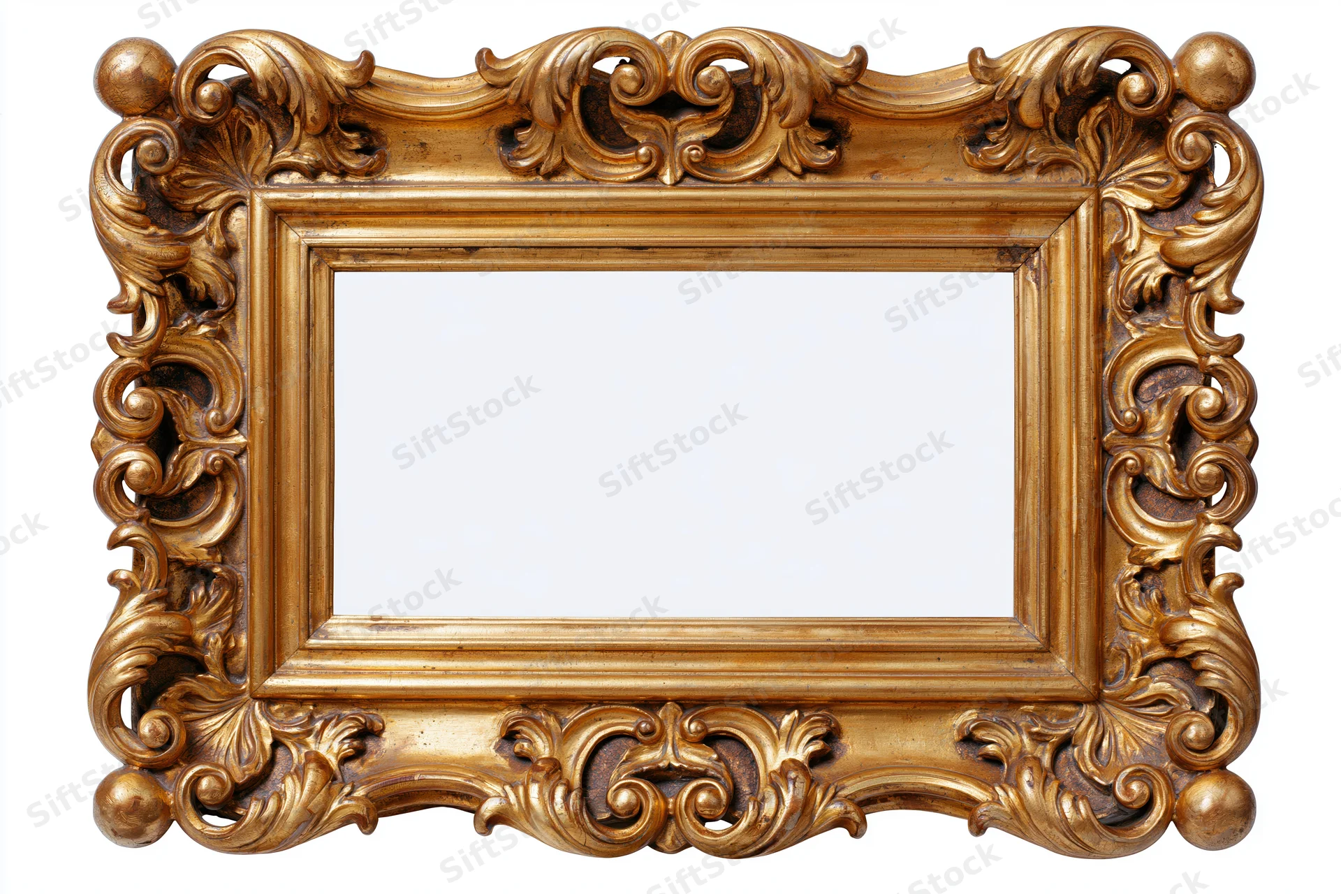 Ornate gold antique frame with carved details and empty white interior isolated on white
