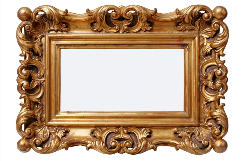 Ornate gold antique frame with carved details and empty white interior isolated on white