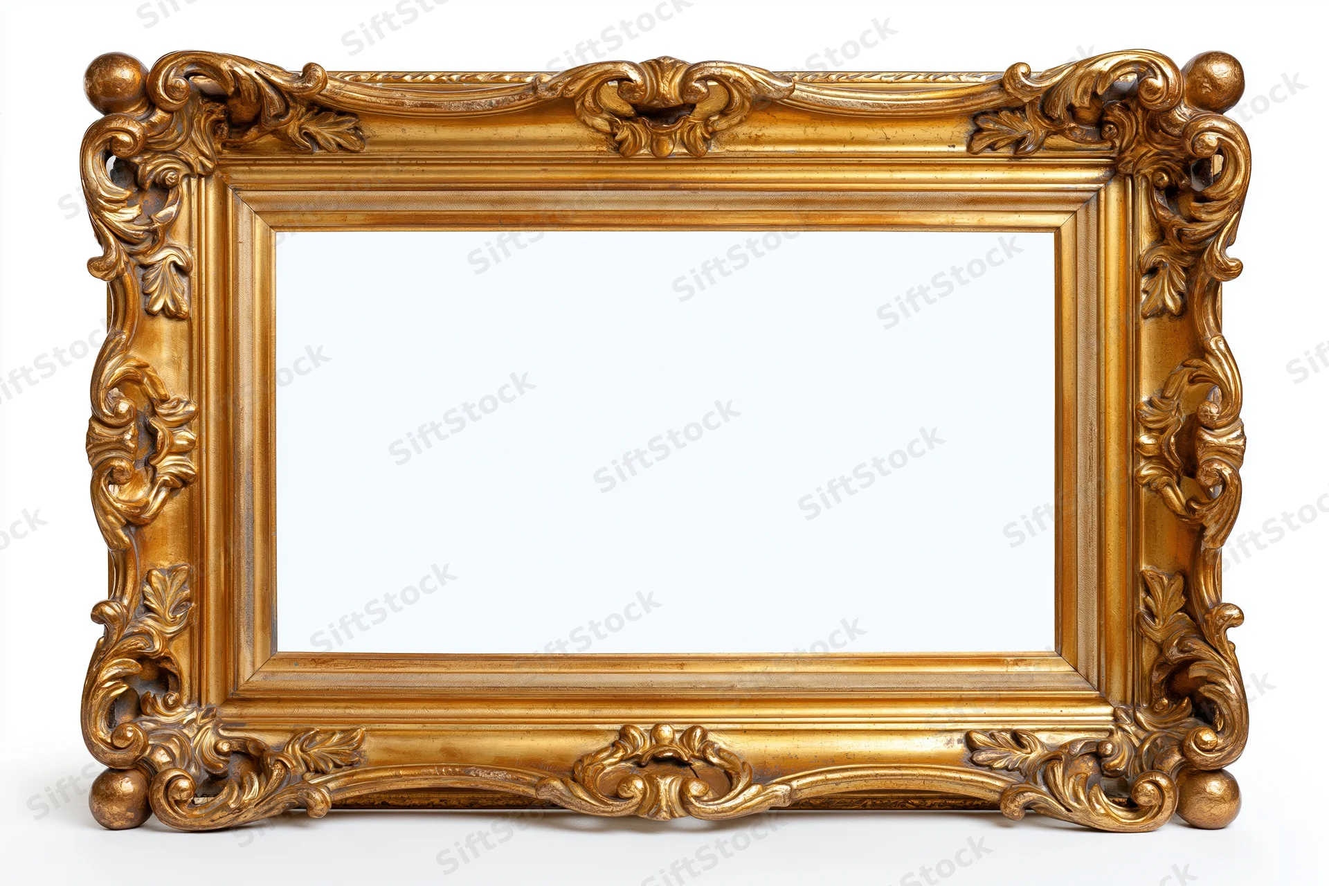 Ornate gold antique frame with empty white interior on white background