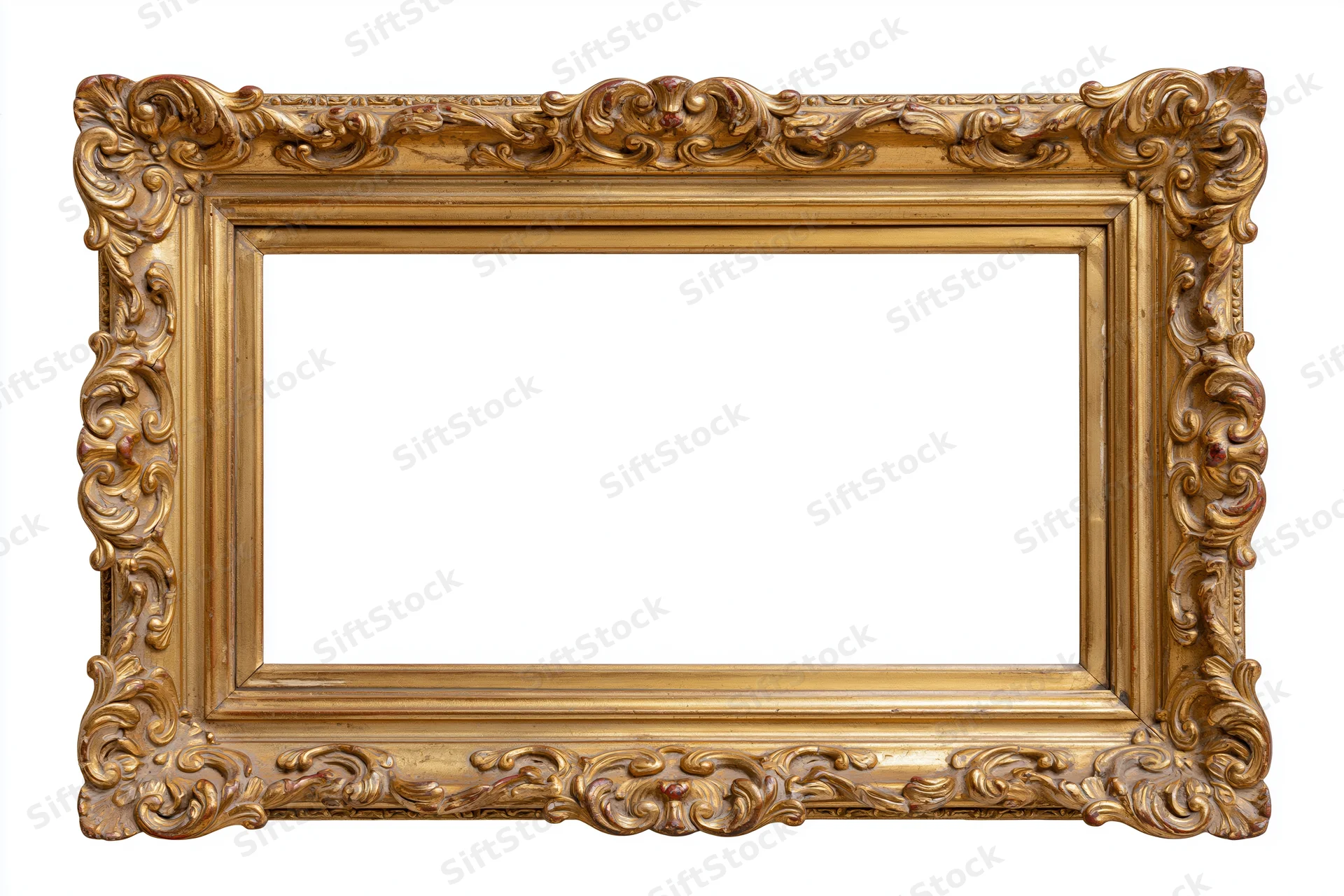 Ornate gold antique frame with carved floral details isolated on white background