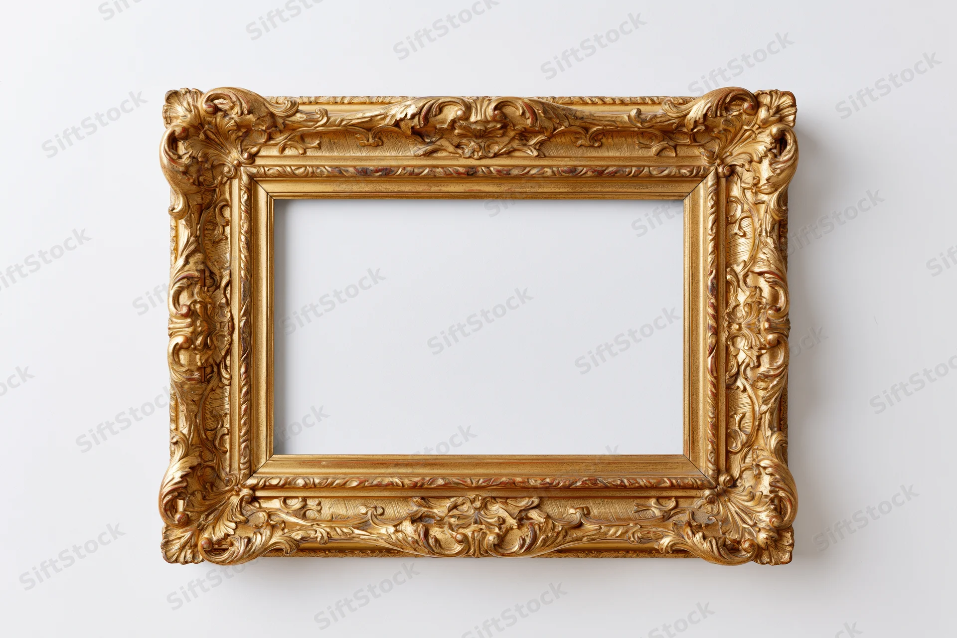 Ornate gold picture frame with intricate carved floral details on white background