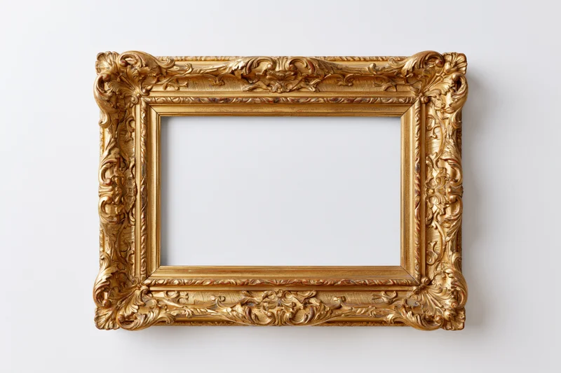 Ornate gold picture frame with intricate carved floral details on white background