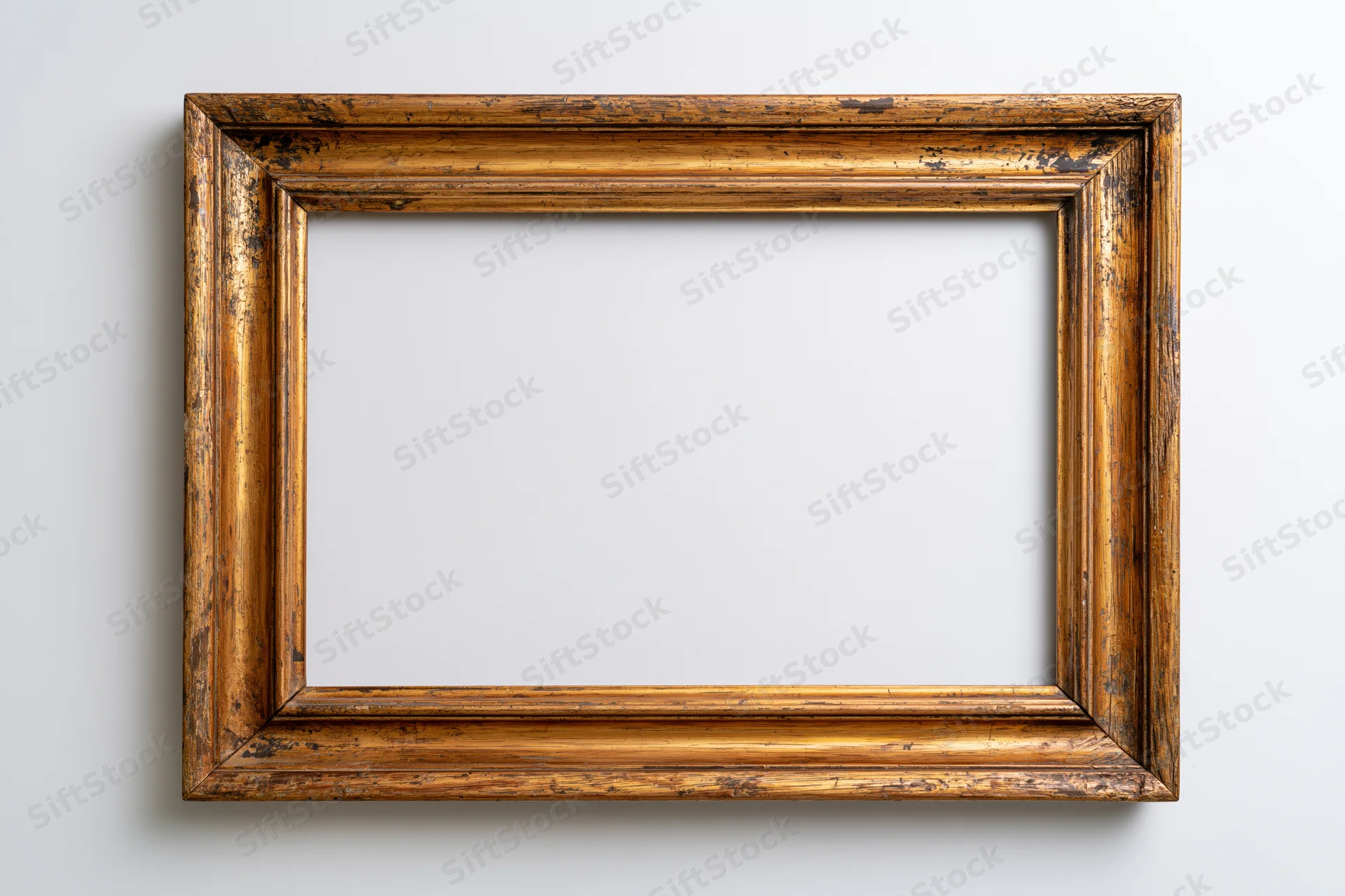 Antique wooden picture frame with worn gold-bronze finish hanging on a white wall