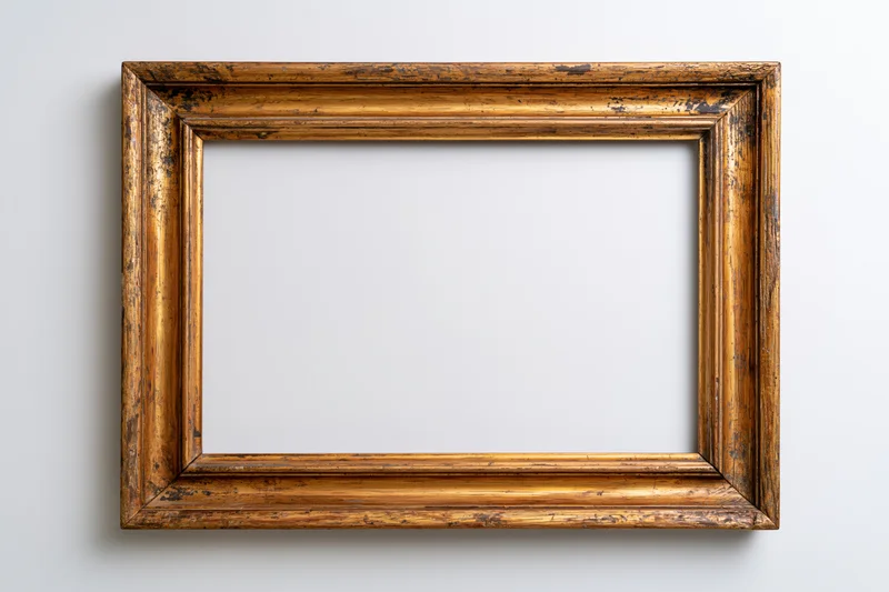 Antique wooden picture frame with worn gold-bronze finish hanging on a white wall
