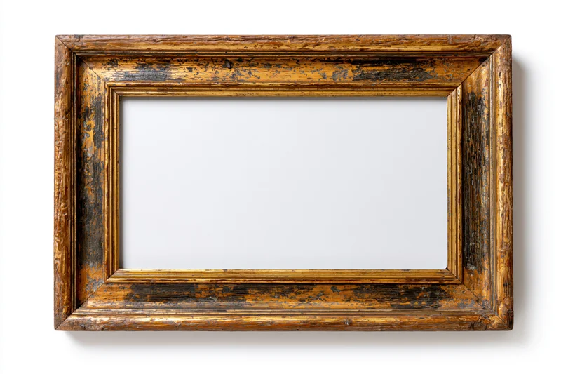 Antique wooden picture frame with worn gold-bronze finish isolated on white background