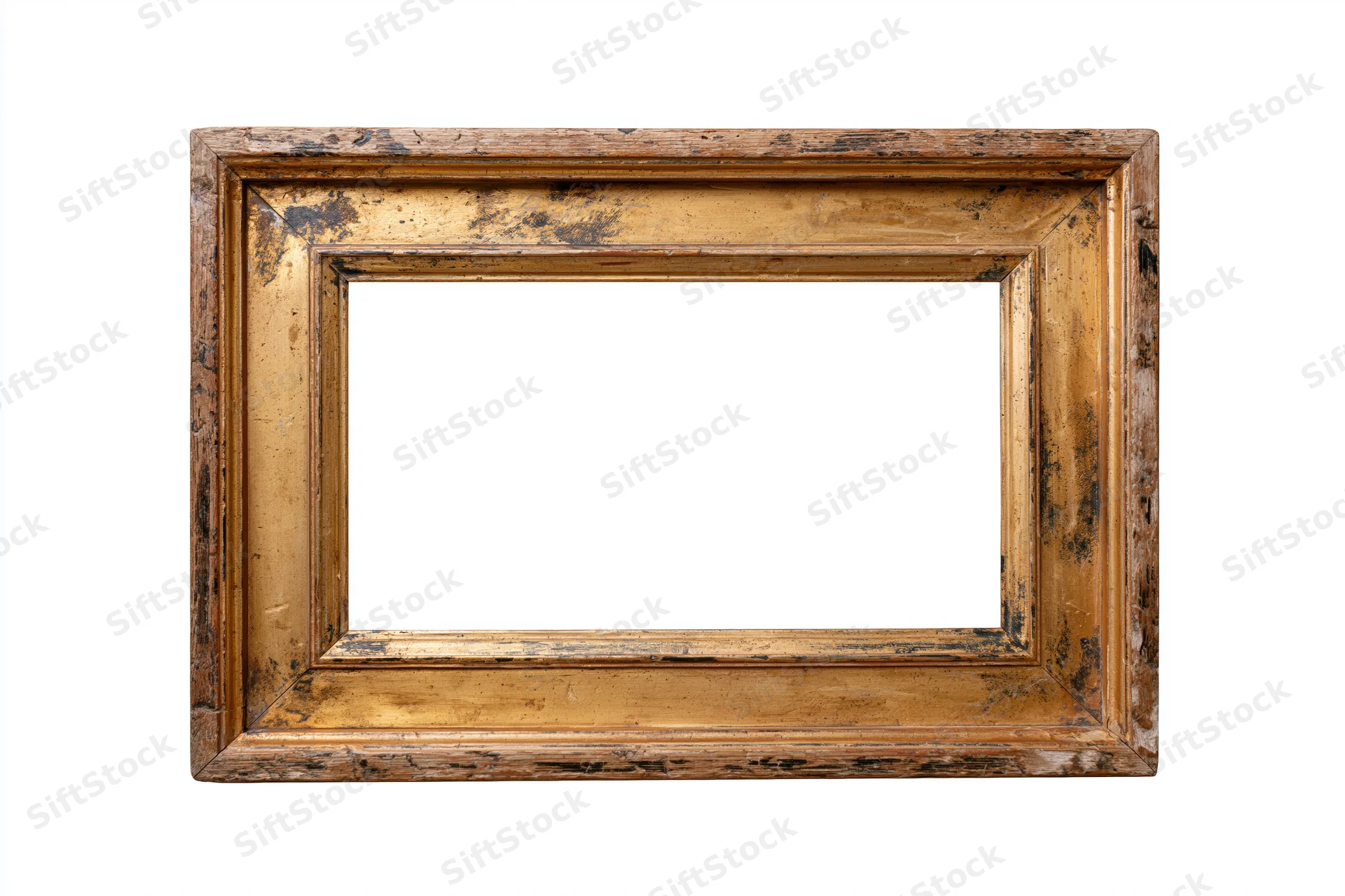 Antique wooden picture frame with worn gold-bronze finish isolated on white background