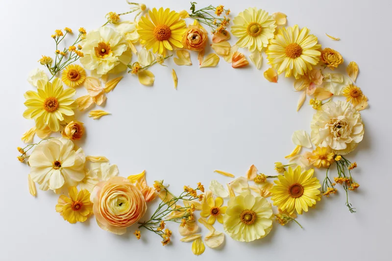 Loose oval arrangement of yellow and peach flowers on white surface with central copyspace