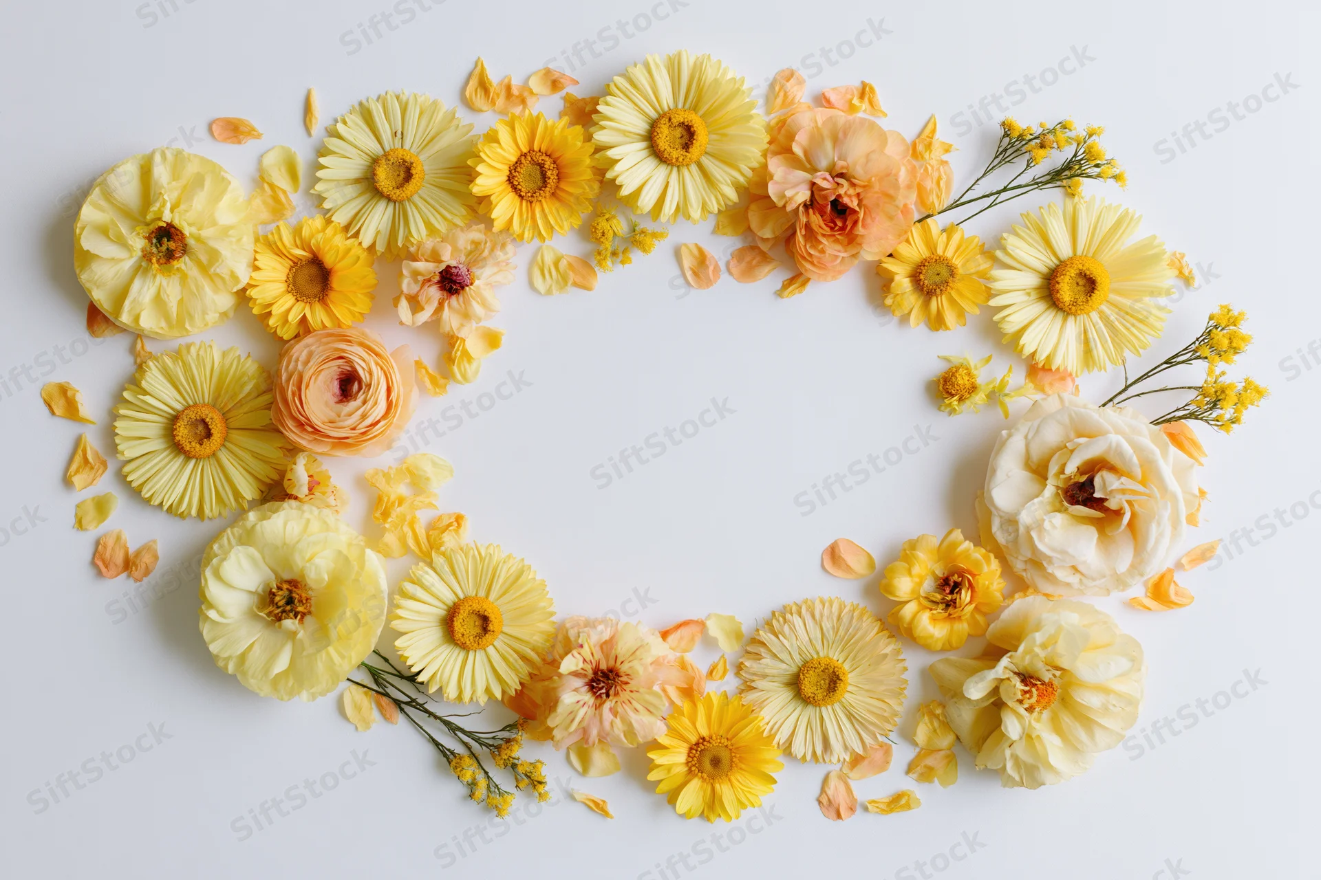 Assorted yellow and peach flowers arranged in a loose oval frame on white background