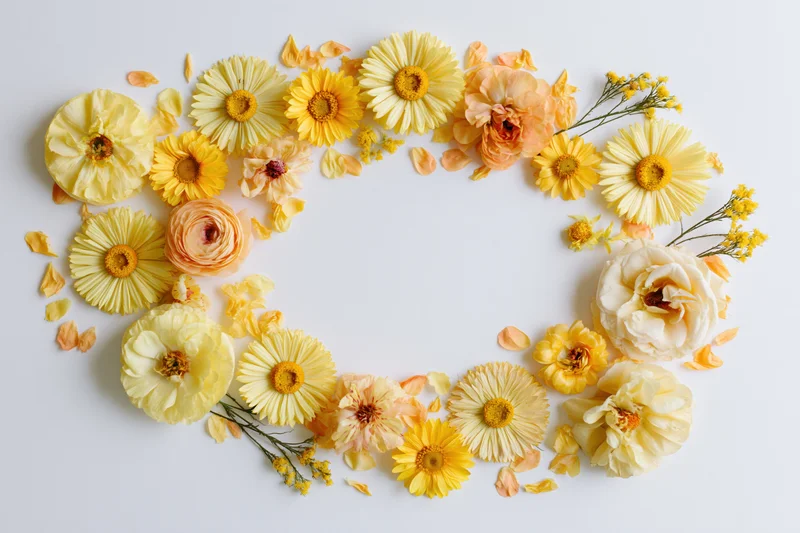 Assorted yellow and peach flowers arranged in a loose oval frame on white background