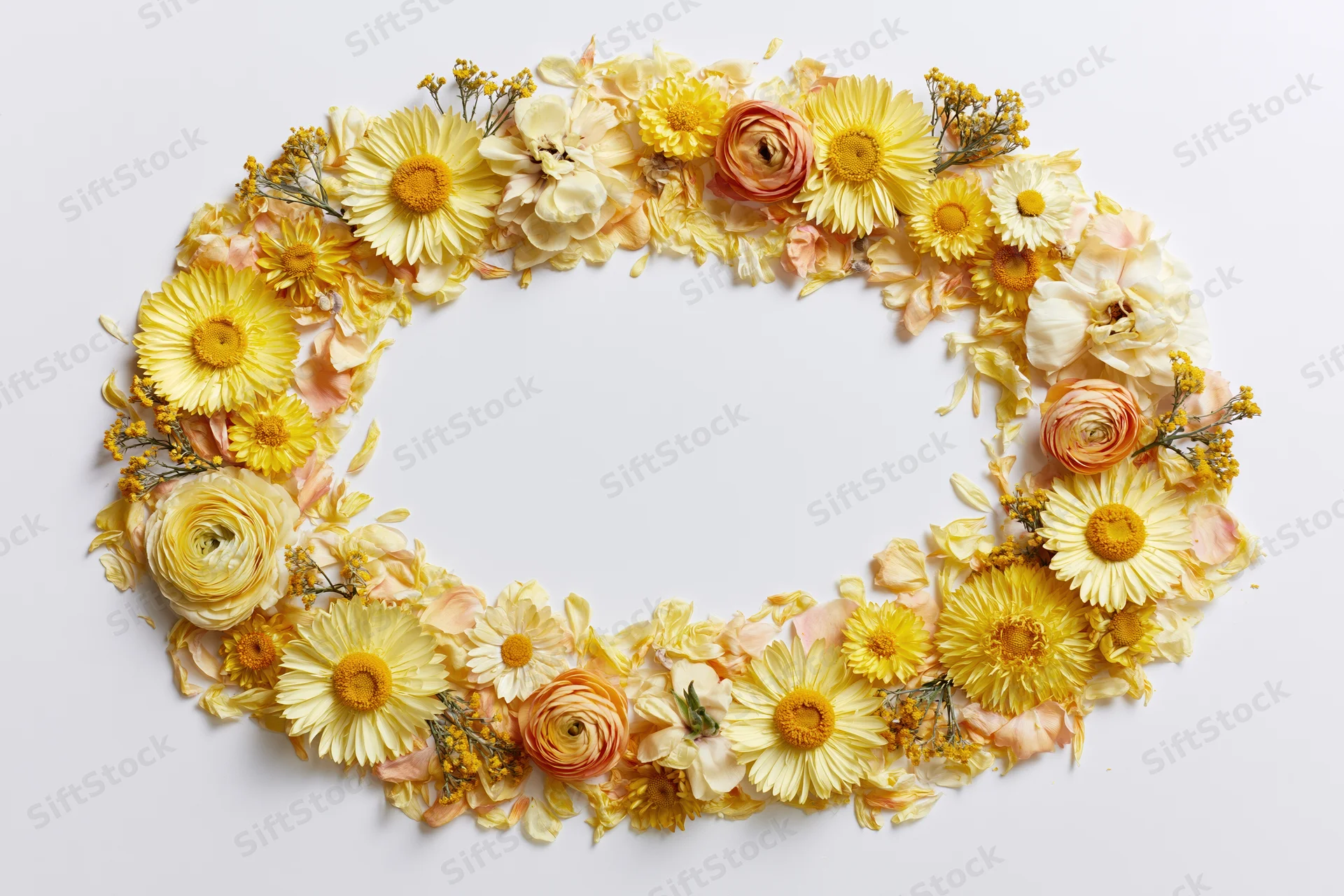 Loose oval floral arrangement of yellow and peach flowers on white background with central copyspace