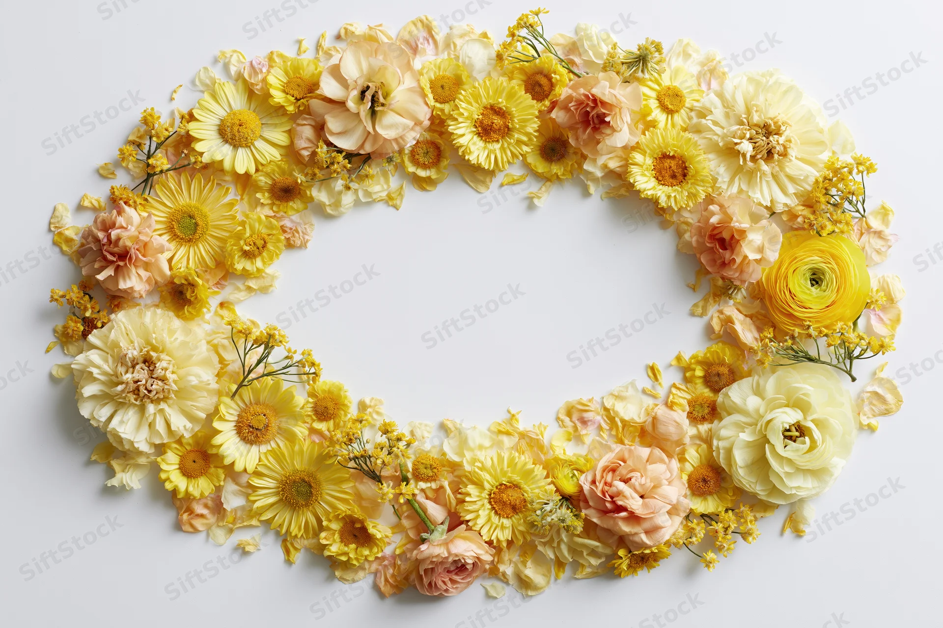 Loose oval floral arrangement of yellow and peach flowers on white background with central copyspace