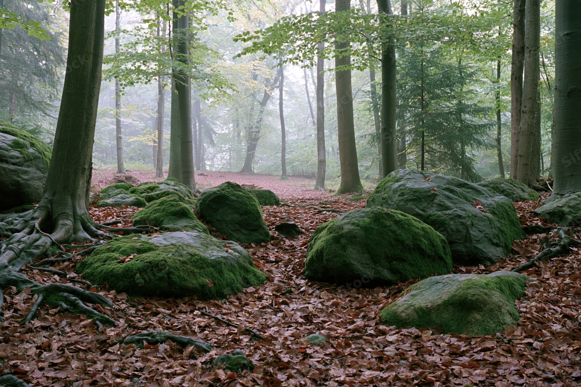 Moss-covered rocks and fallen copper-brown leaves on forest floor among tall deciduous trees in misty woodland