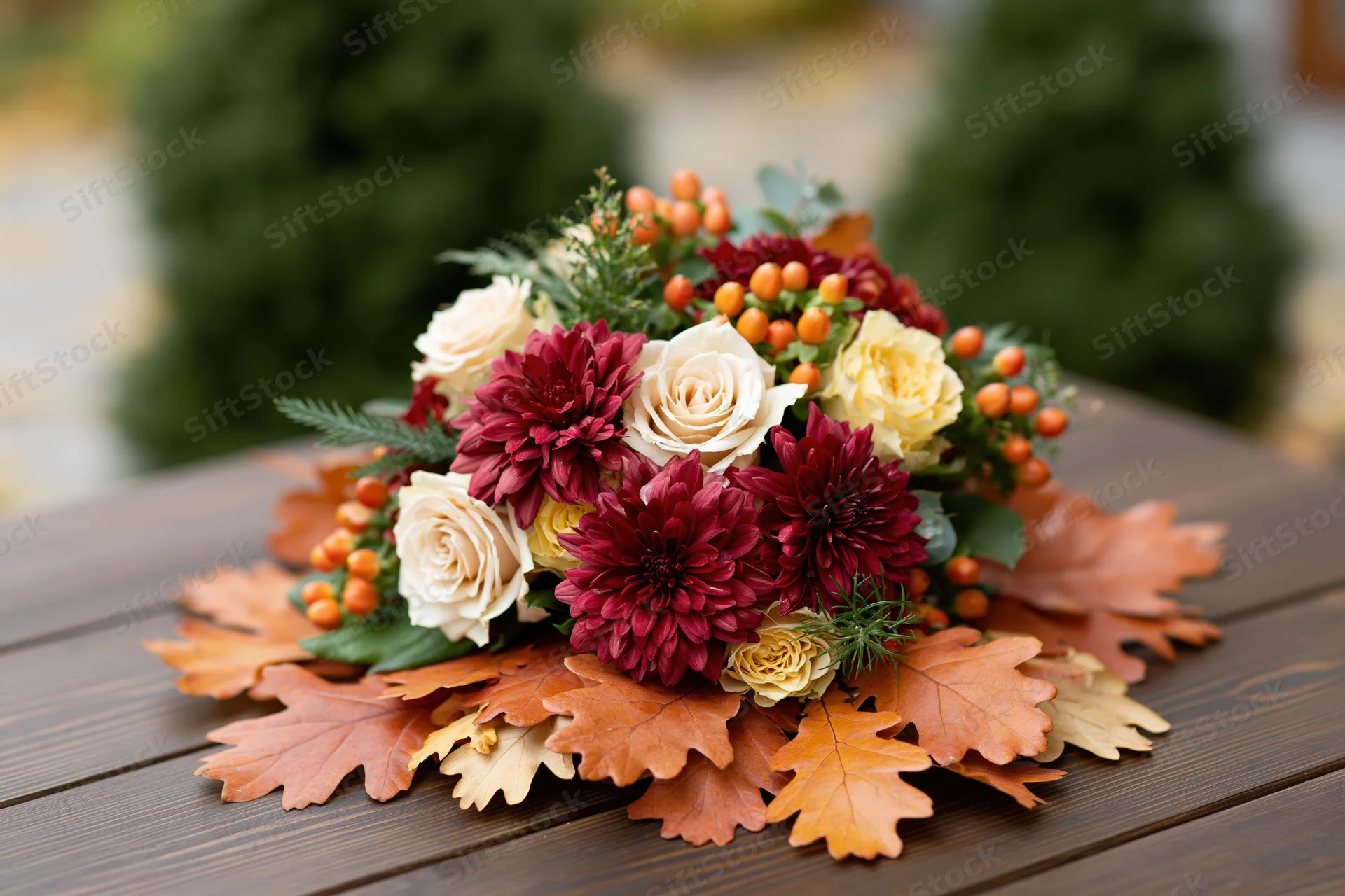 Autumn floral arrangement with roses and dahlias on wooden table outdoors