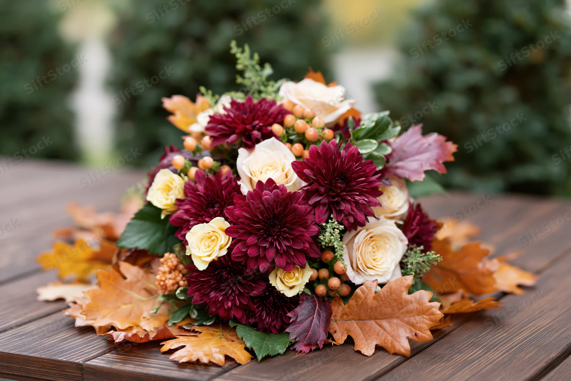 Autumn floral bouquet with chrysanthemums and roses on wooden table outdoors