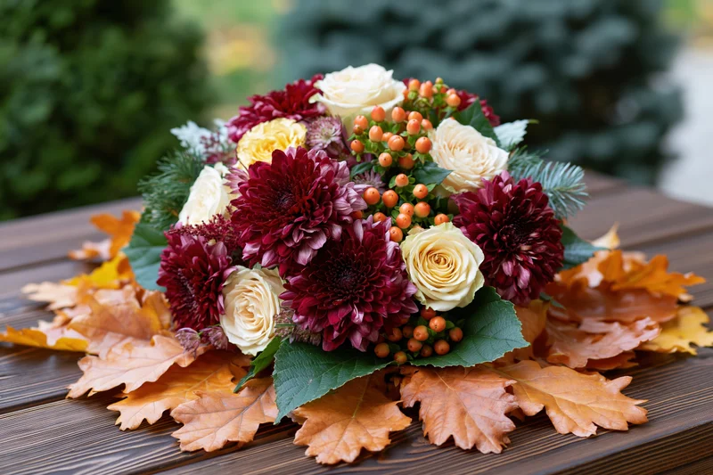 Autumn floral arrangement with chrysanthemums, roses, berries and oak leaves on a wooden table outdoors