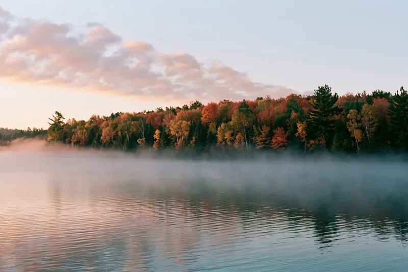 Autumn forest treeline along calm lake shoreline at early morning with mist and colorful foliage reflected in water