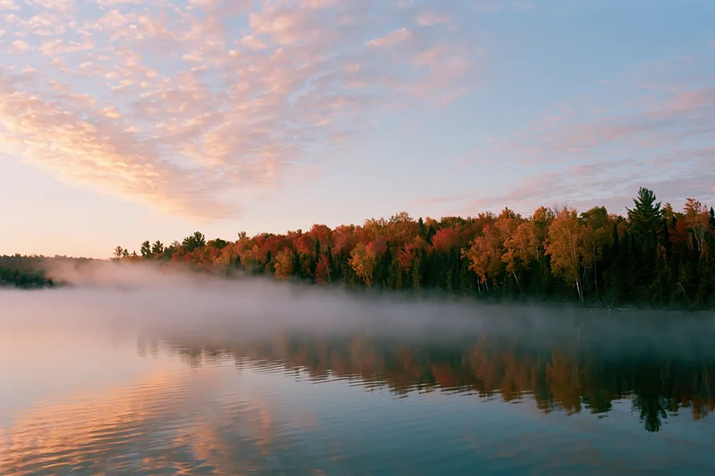 Autumn forest treeline reflected in calm lake water at sunrise with mist along shoreline
