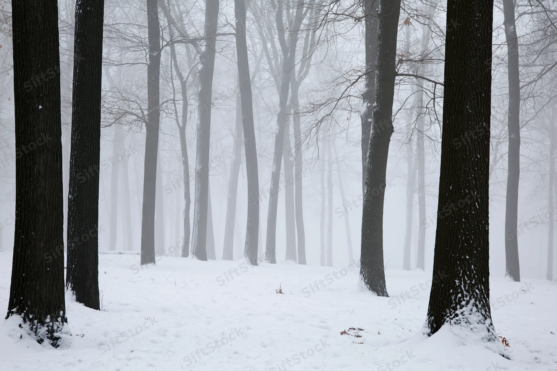 Snow-covered bare deciduous forest in heavy snowstorm with foggy atmosphere