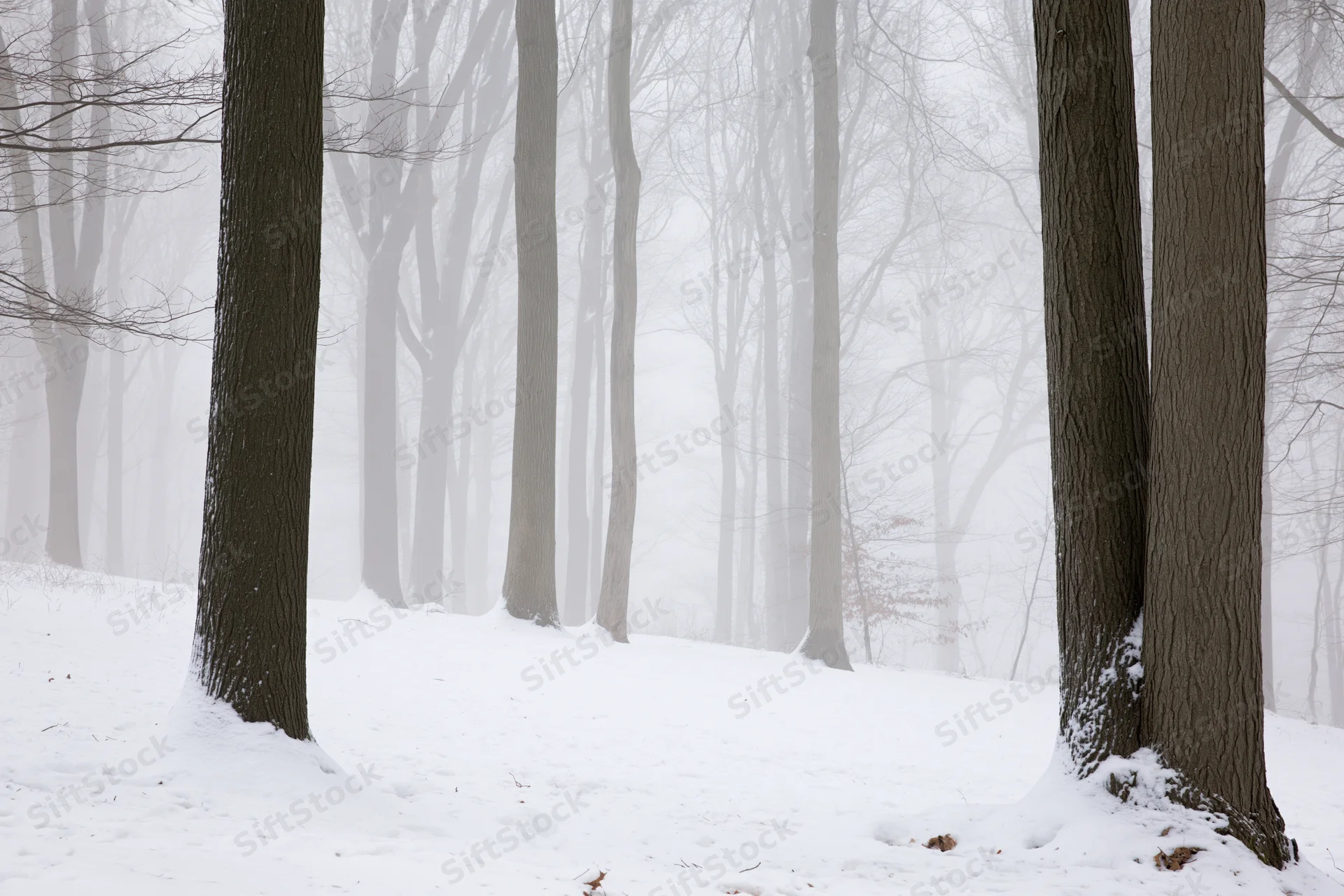 Snow-covered bare deciduous trees in a foggy forest during winter