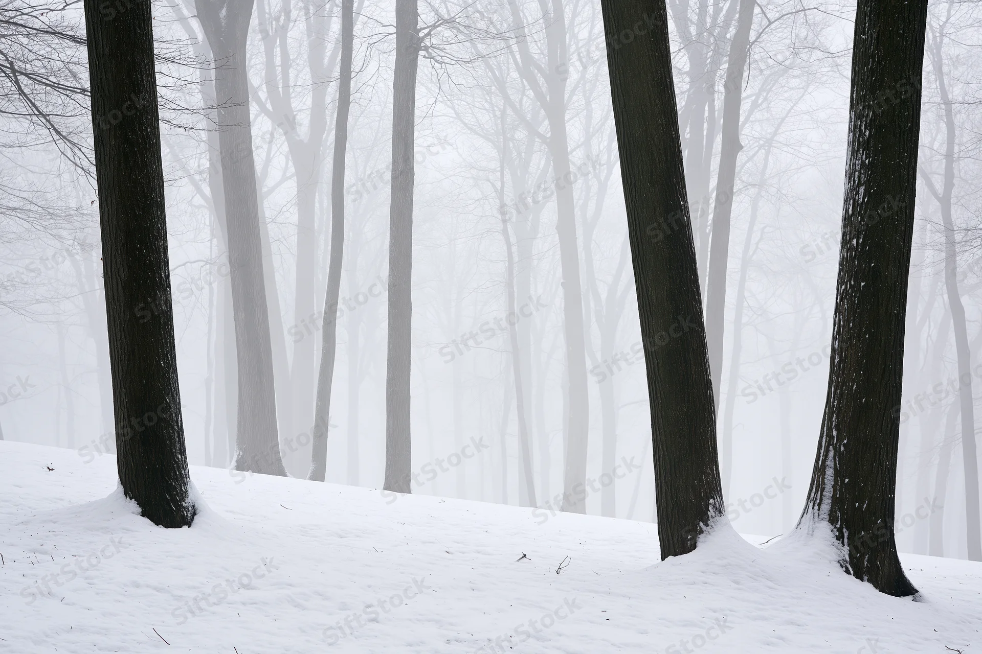 Snow-covered bare deciduous trees in a foggy forest during winter