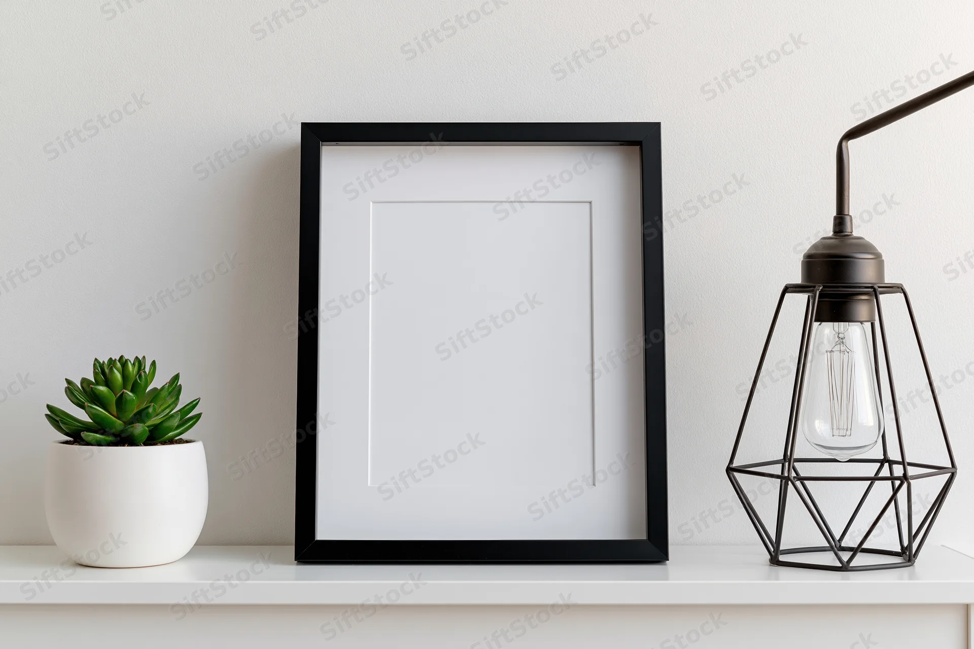 Black frame with blank white interior on white shelf beside succulent and industrial lamp