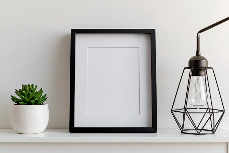 Black frame with blank white interior on white shelf beside succulent and industrial lamp