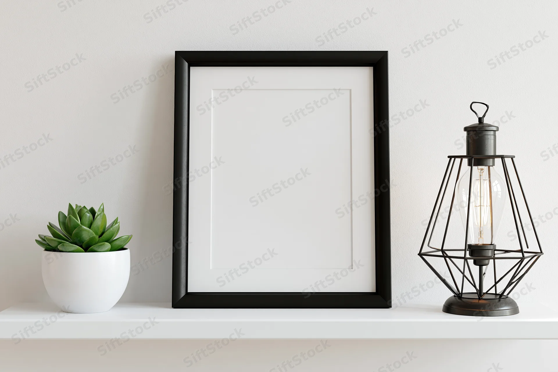 Black picture frame with blank white interior leaning on white shelf beside a succulent and a wire cage lamp