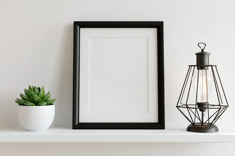 Black picture frame with blank white interior leaning on white shelf beside a succulent and a wire cage lamp