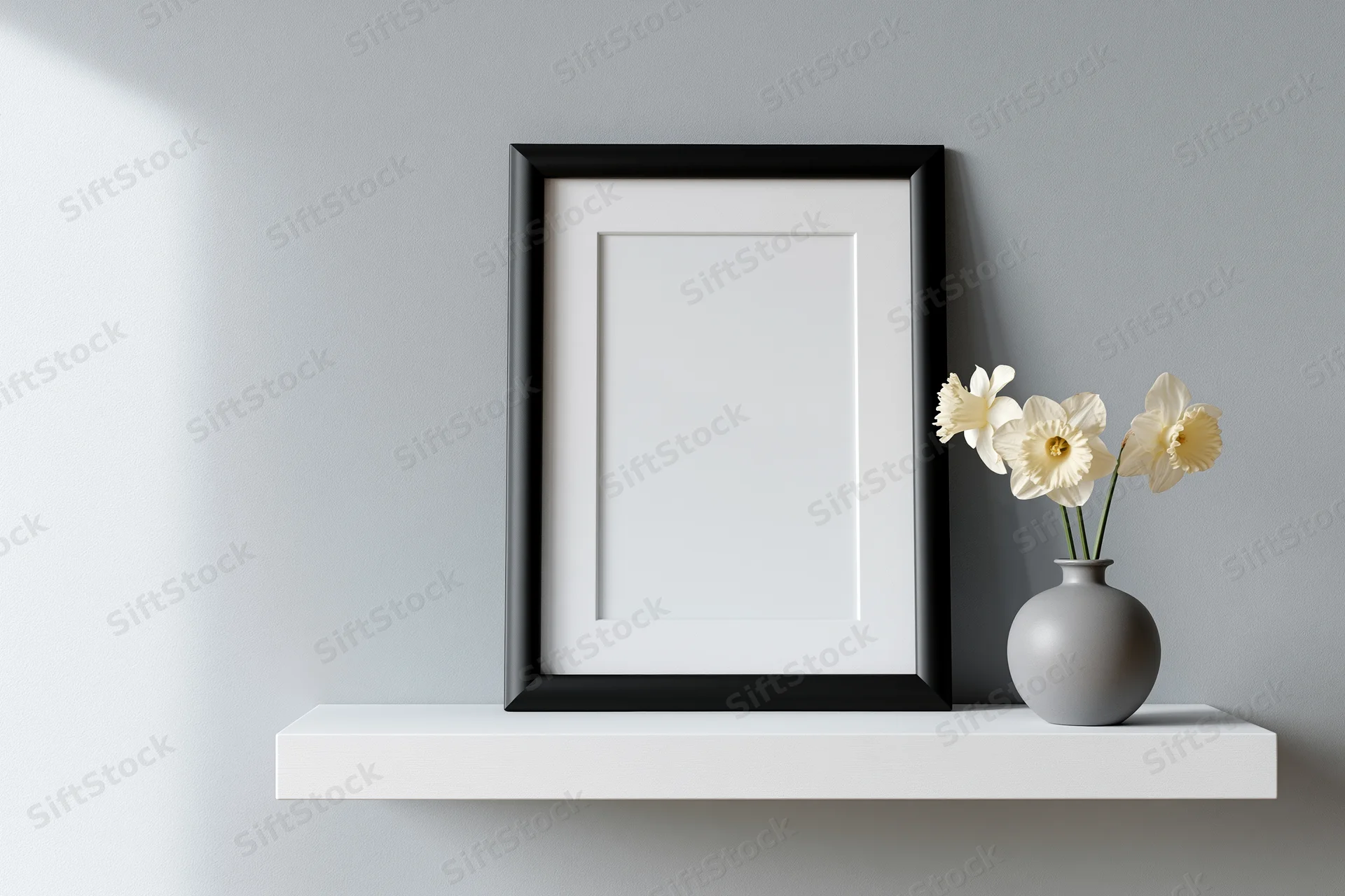 Black frame with white mat and gray vase of daffodils on white shelf against gray wall
