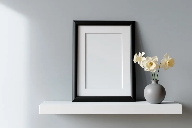 Black frame with white mat and gray vase of daffodils on white shelf against gray wall