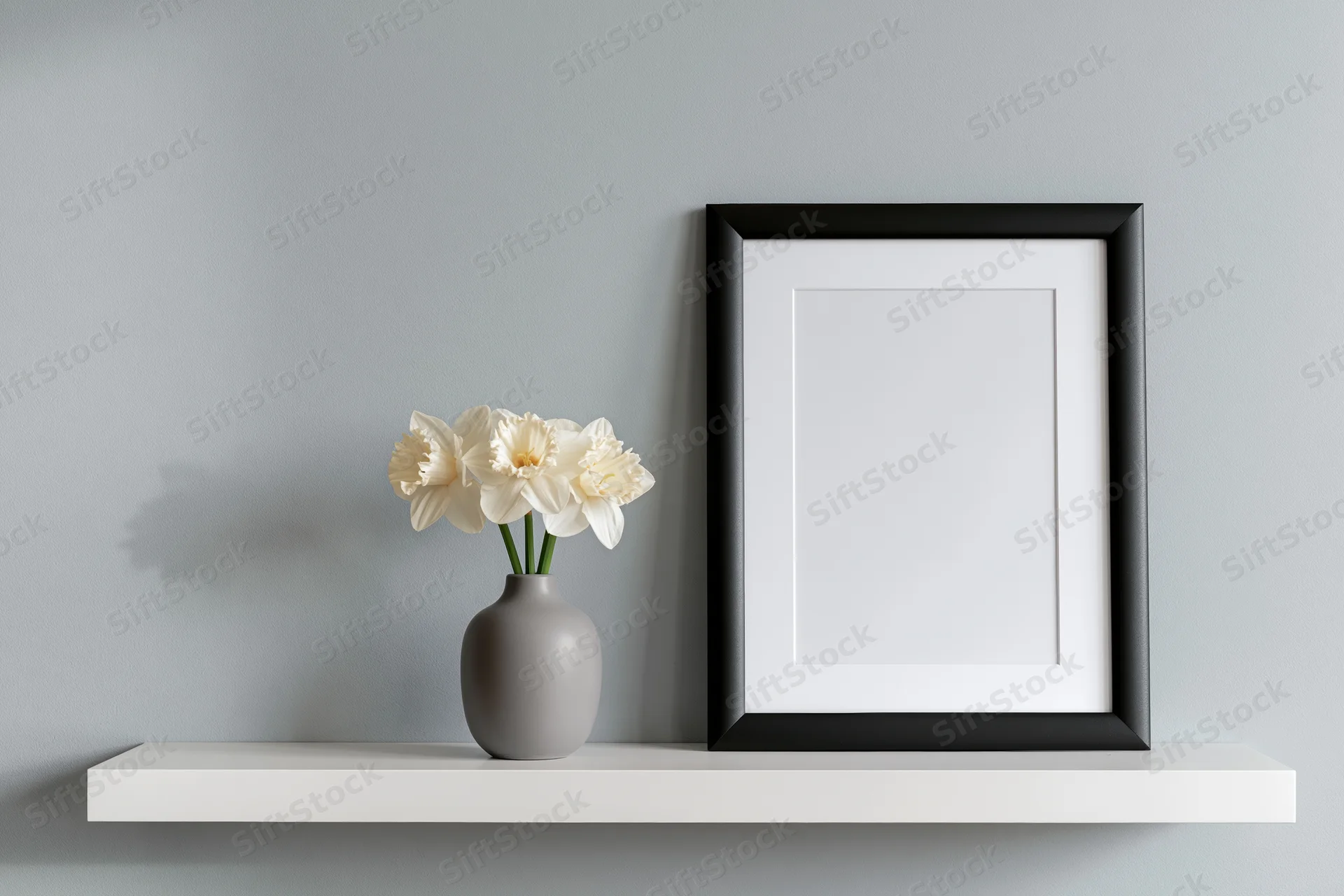 Black frame with white mat leaning on white shelf beside vase of daffodils against gray wall