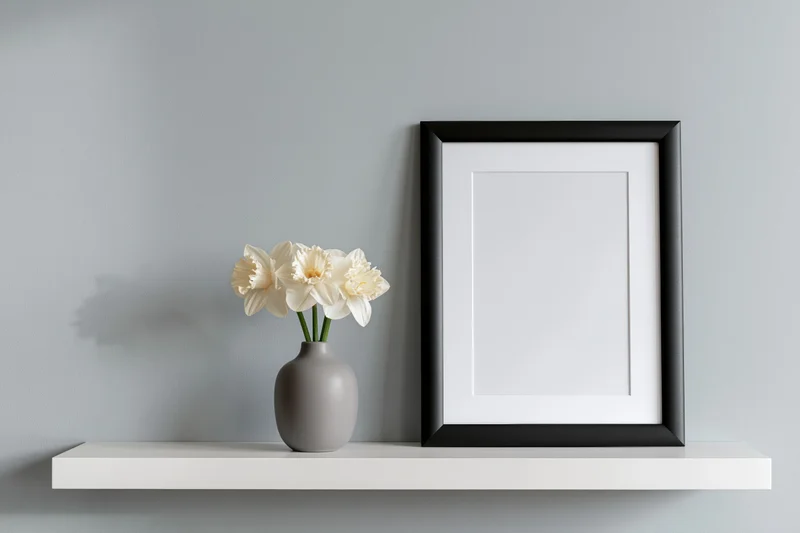 Black frame with white mat leaning on white shelf beside vase of daffodils against gray wall