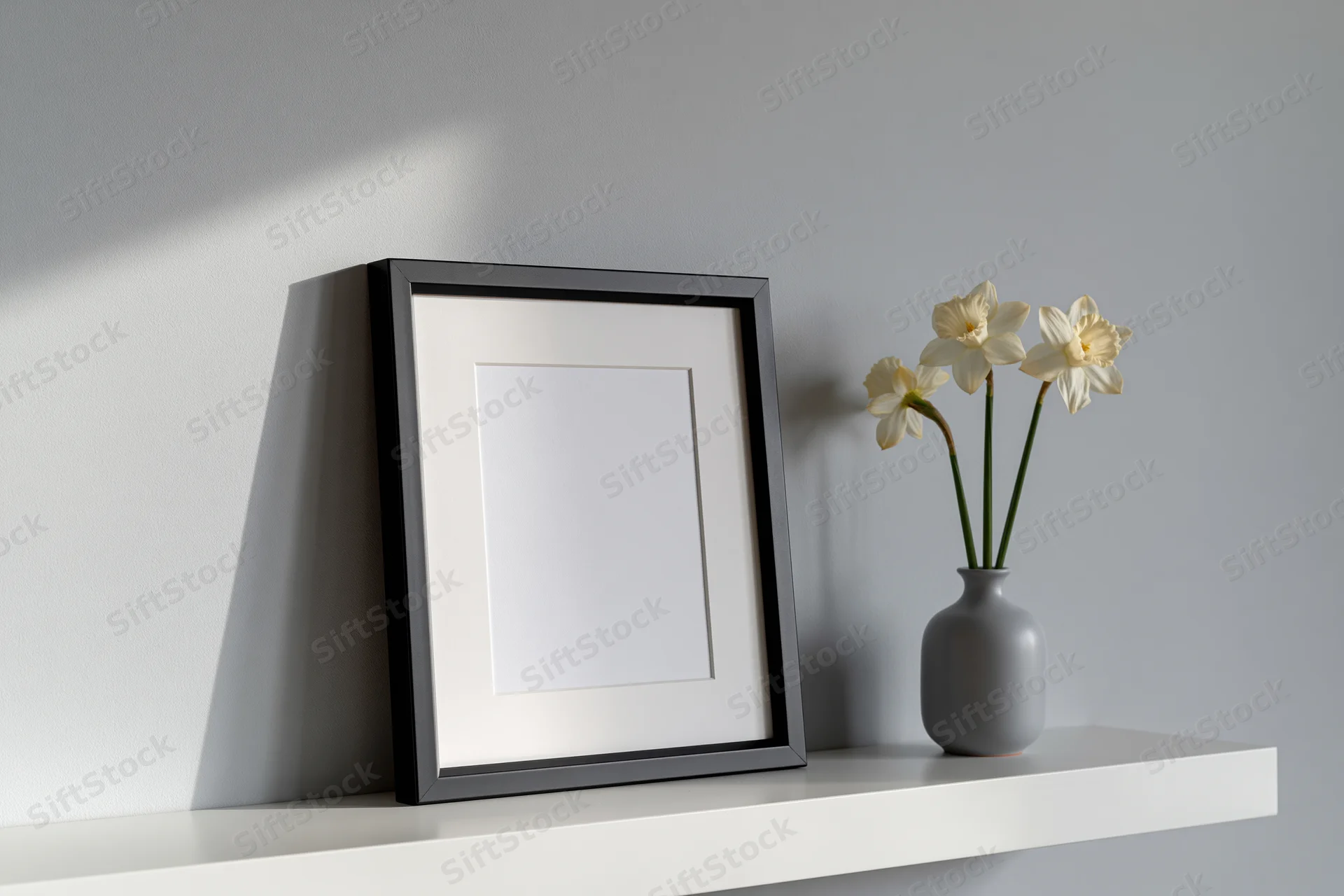 Black picture frame with white mat leaning on white shelf beside gray vase holding daffodils