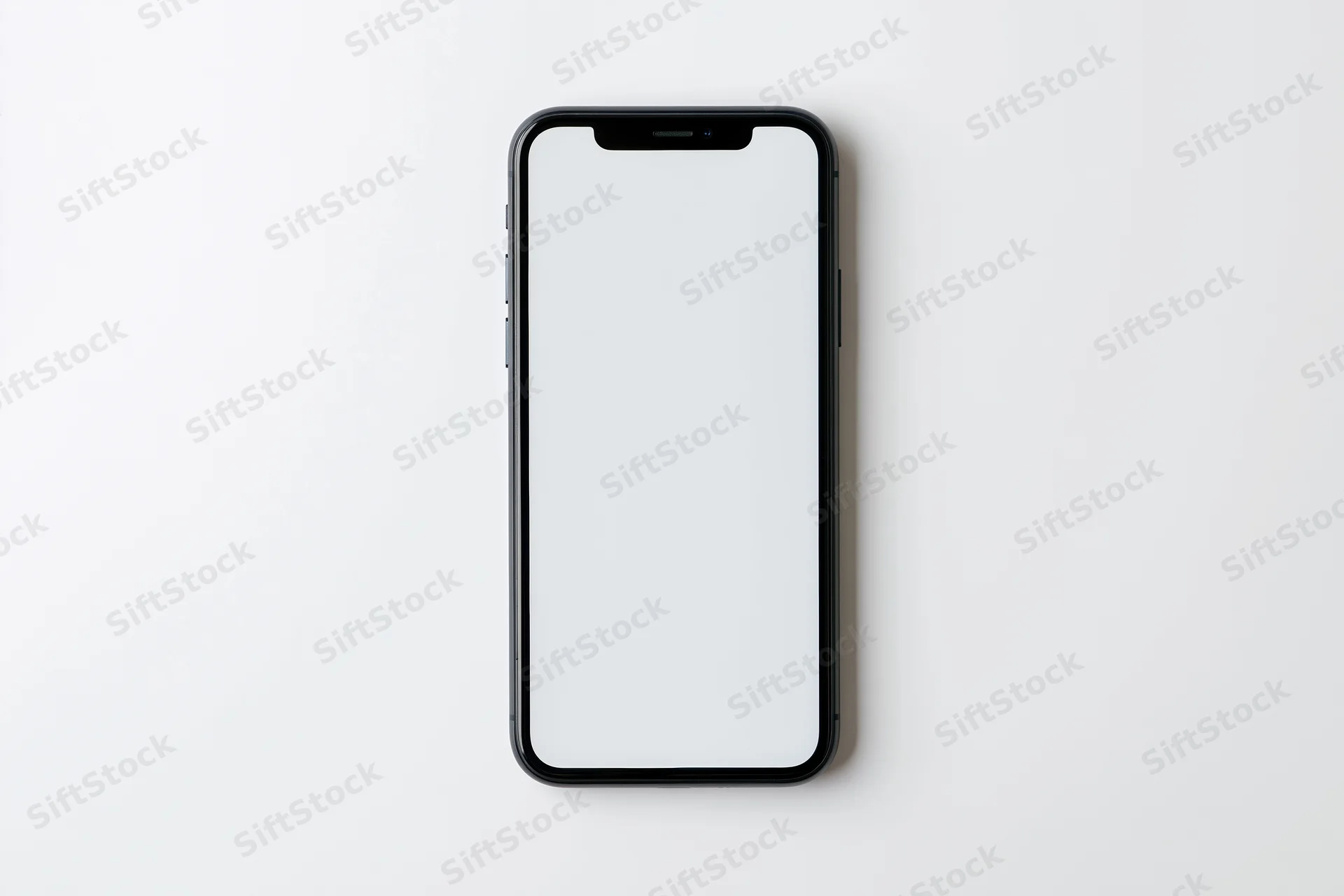 Black smartphone with blank white screen on white background