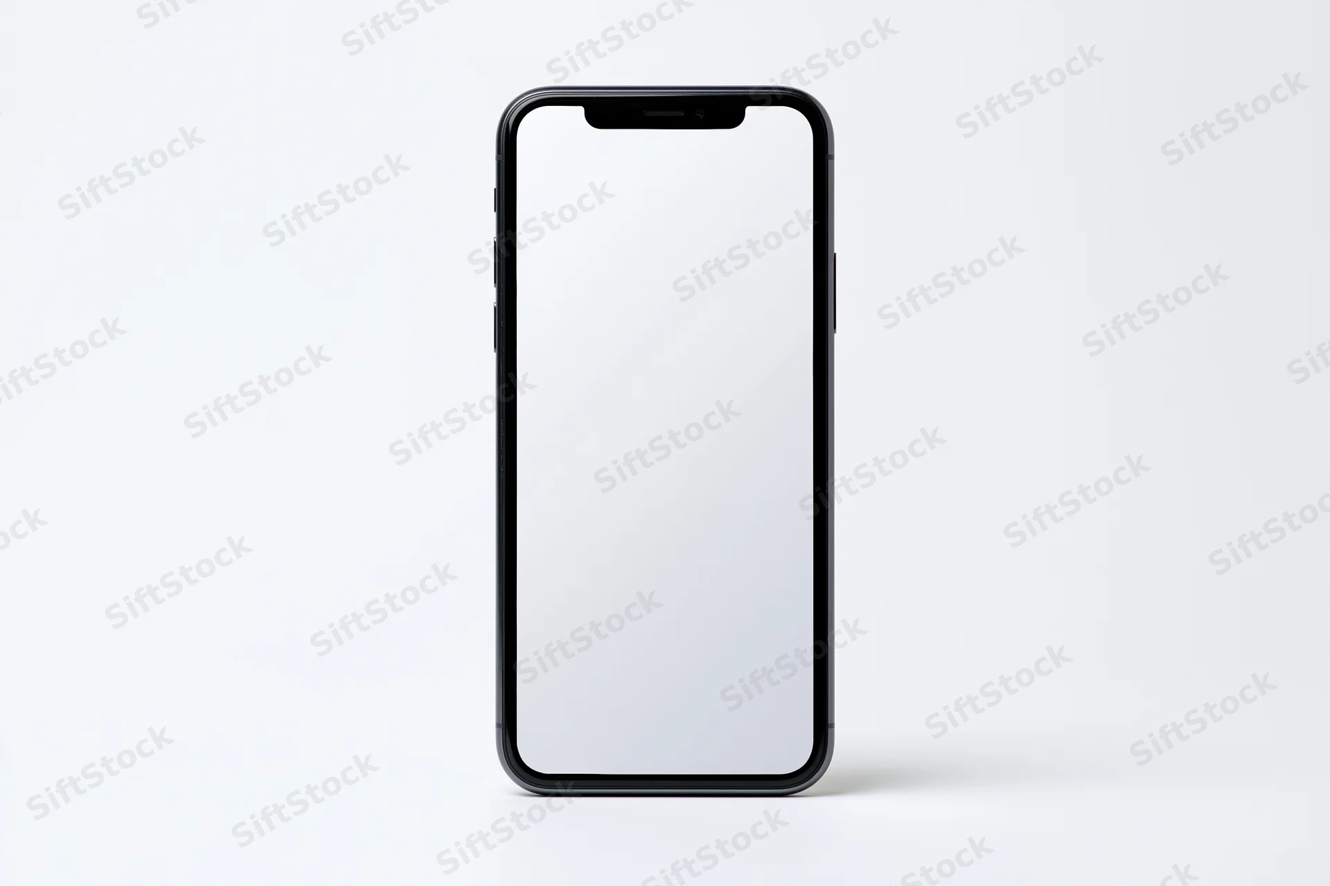Black smartphone with blank white screen standing upright on white background