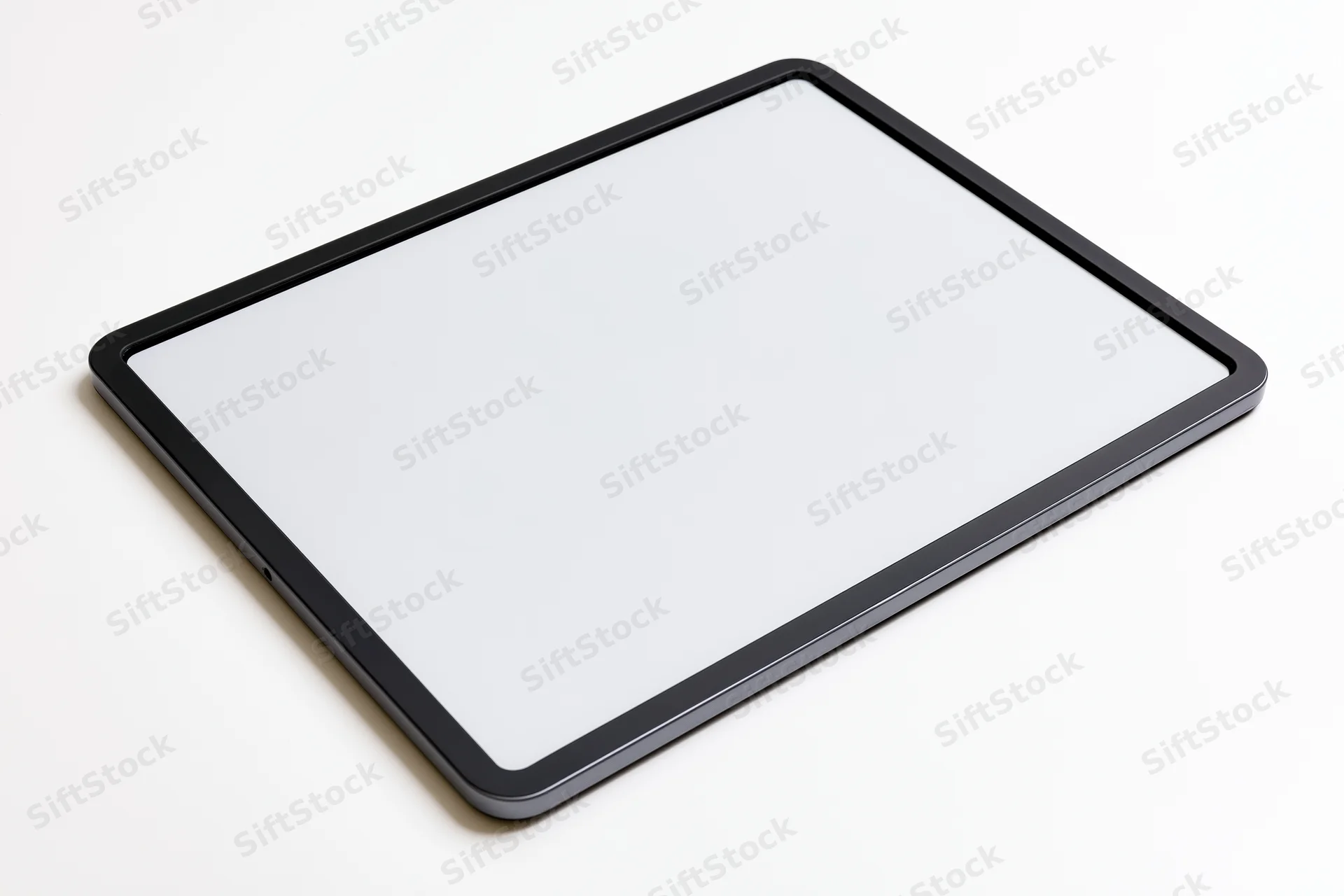 Black tablet with white screen lying flat on white surface