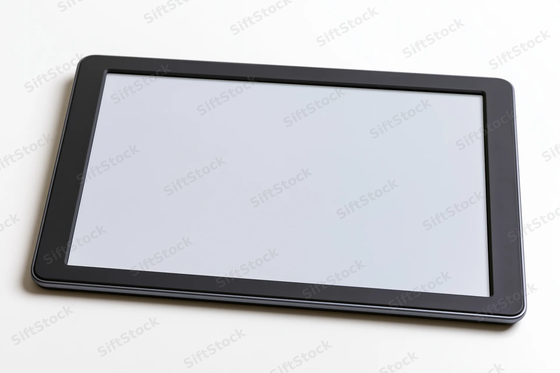 Black tablet computer lying flat with blank white screen on white surface