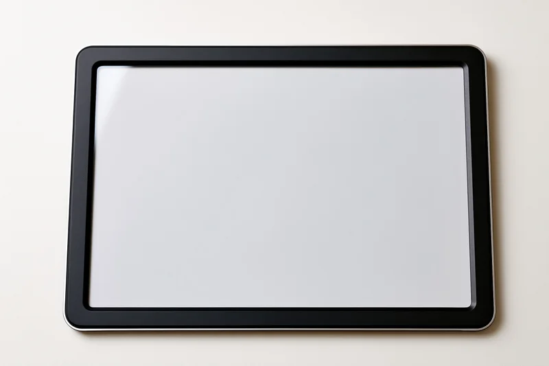 Black tablet with blank white screen lying flat on light surface