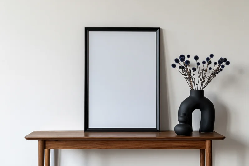 Black frame leaning against white wall on wooden console table with black vase holding dried thistle flowers