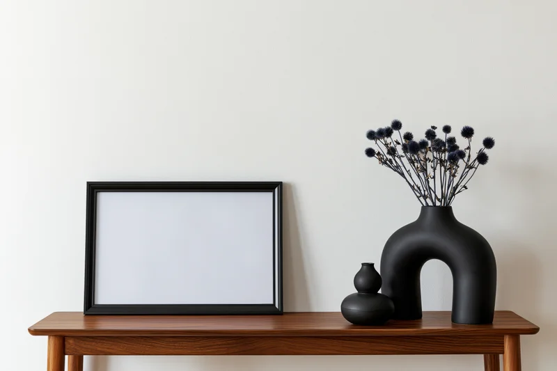Black frame leaning on wooden console beside black vases with dried flowers against white wall